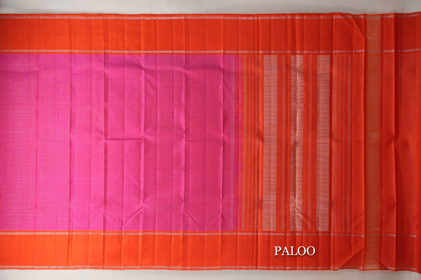 Magenta Zari Checks with Deep Orange Borders Vintage Kanjivaram Silk Saree paloo