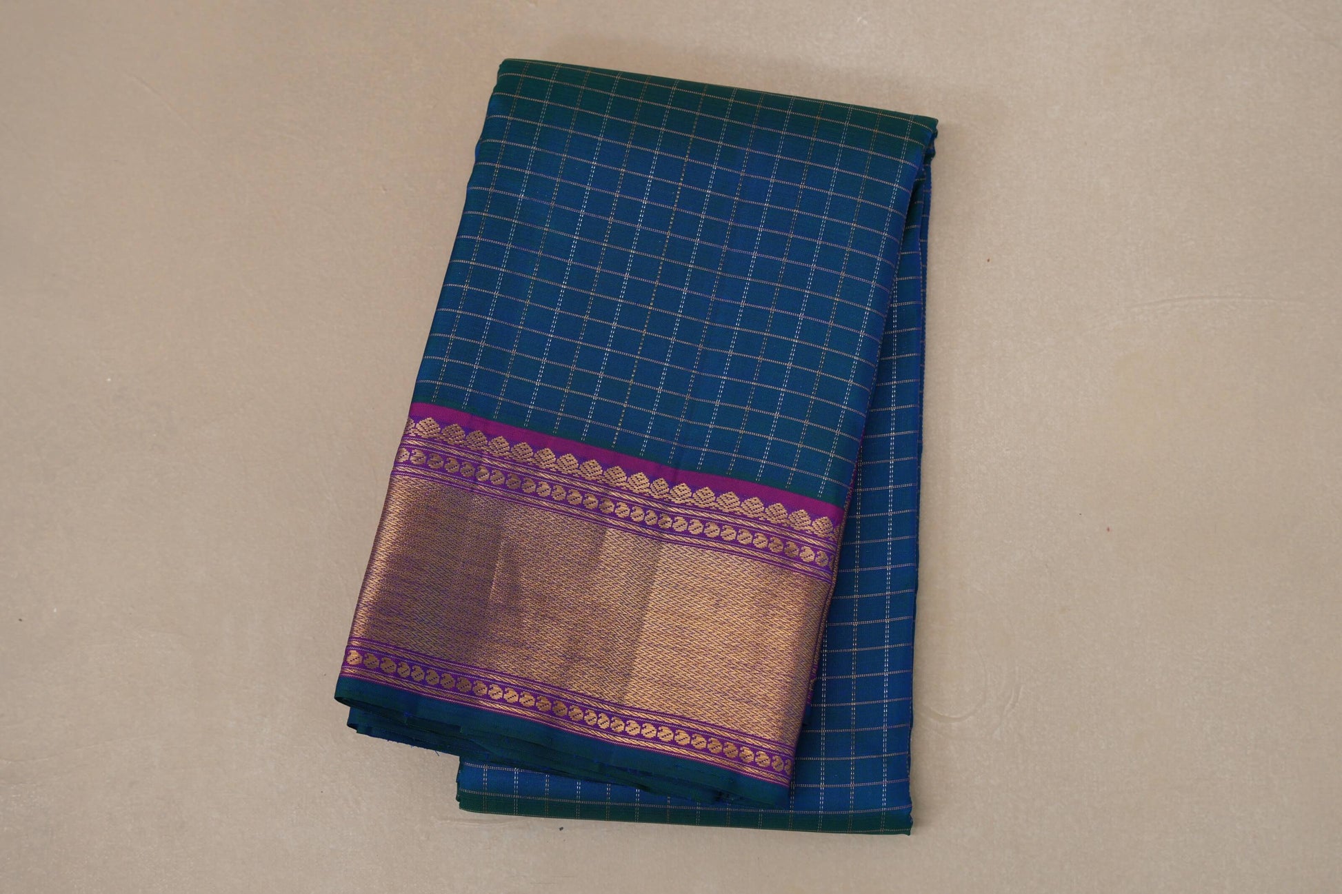 folded Peacock Blue Kanjivaram Silk Saree  