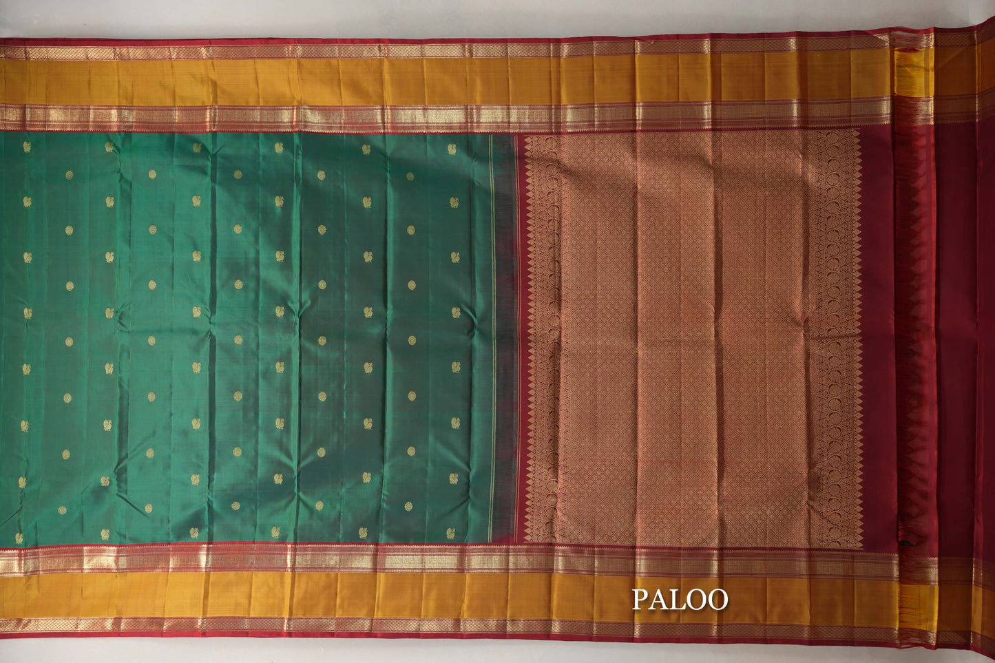 Green and Maroon Dual Tone with Mustard and Maroon Borders Vintage Kanjivaram Silk Saree paloo