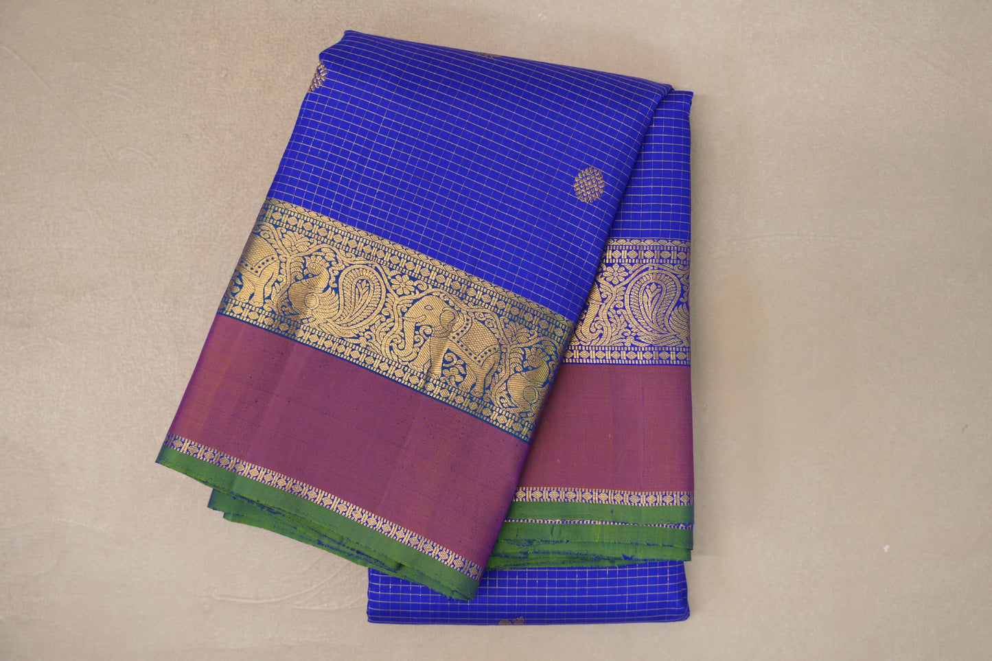 Royal Blue Zari Checked with Orange And Blue with Green Selvedge Borders Vintage Kanjivaram Silk Saree