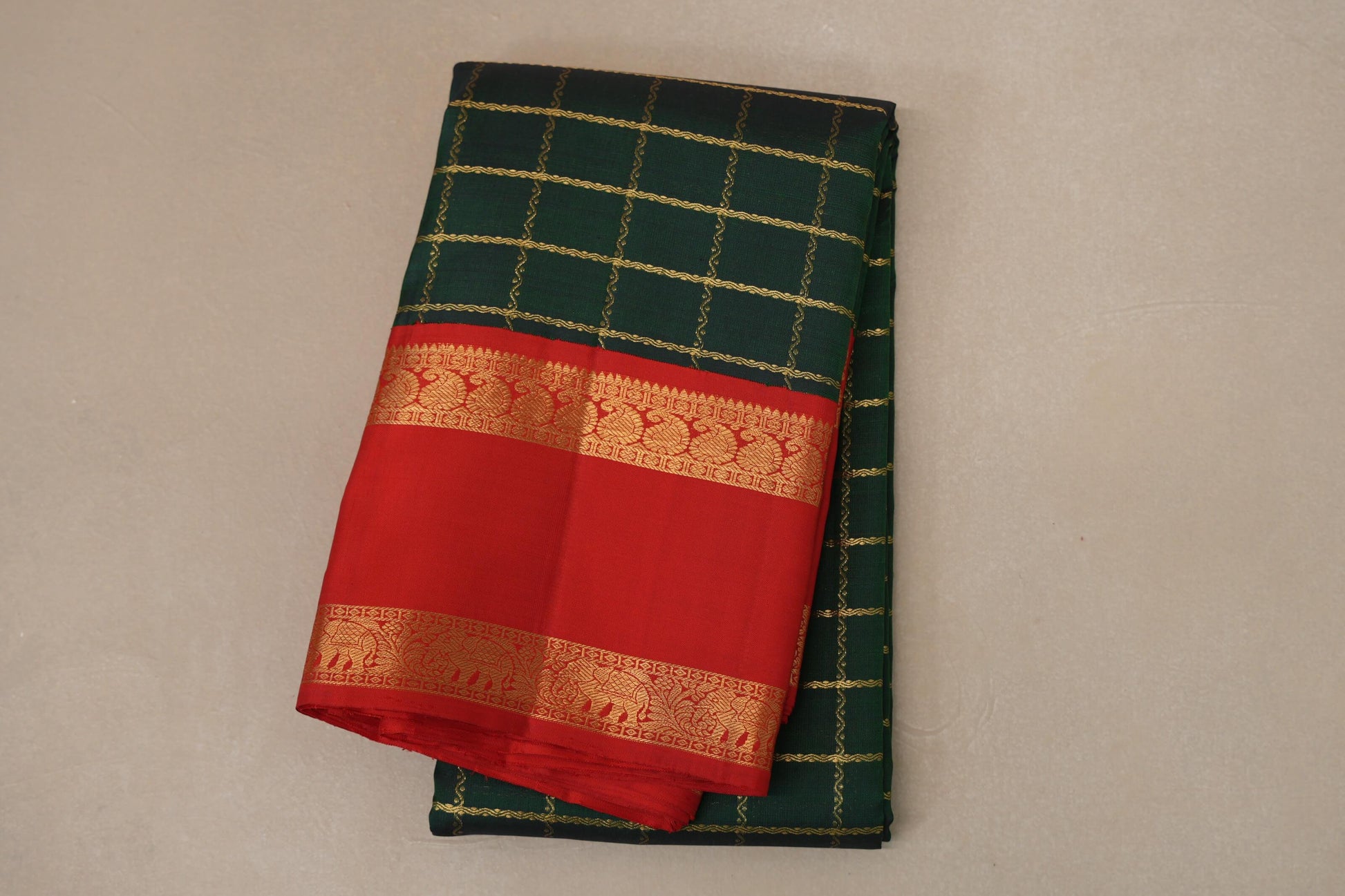 folded Dark Bottle Green  Kanjivaram Silk Saree 