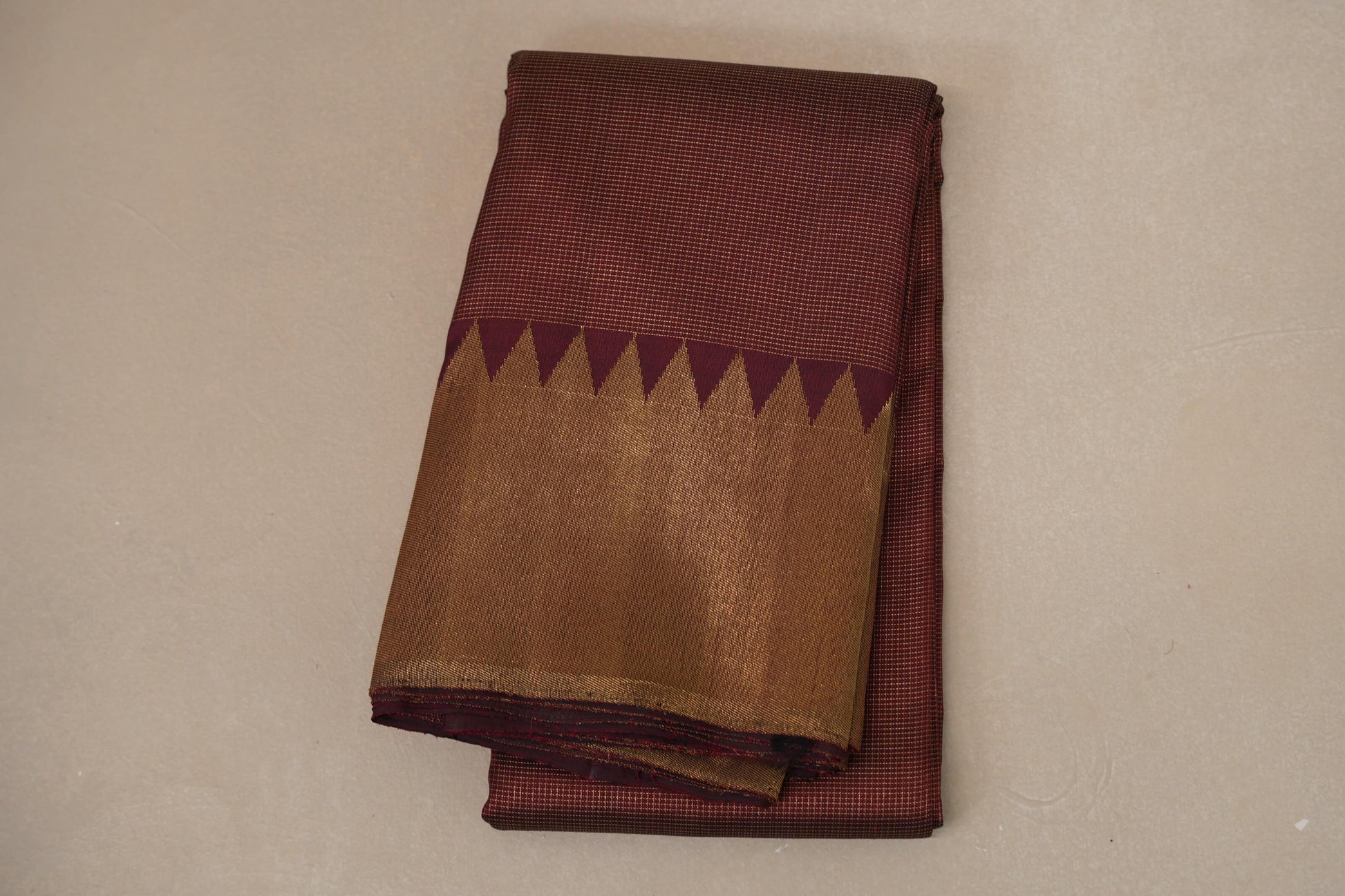 folded Deep Maroon Temple Borders Vintage Kanjivaram Silk Saree