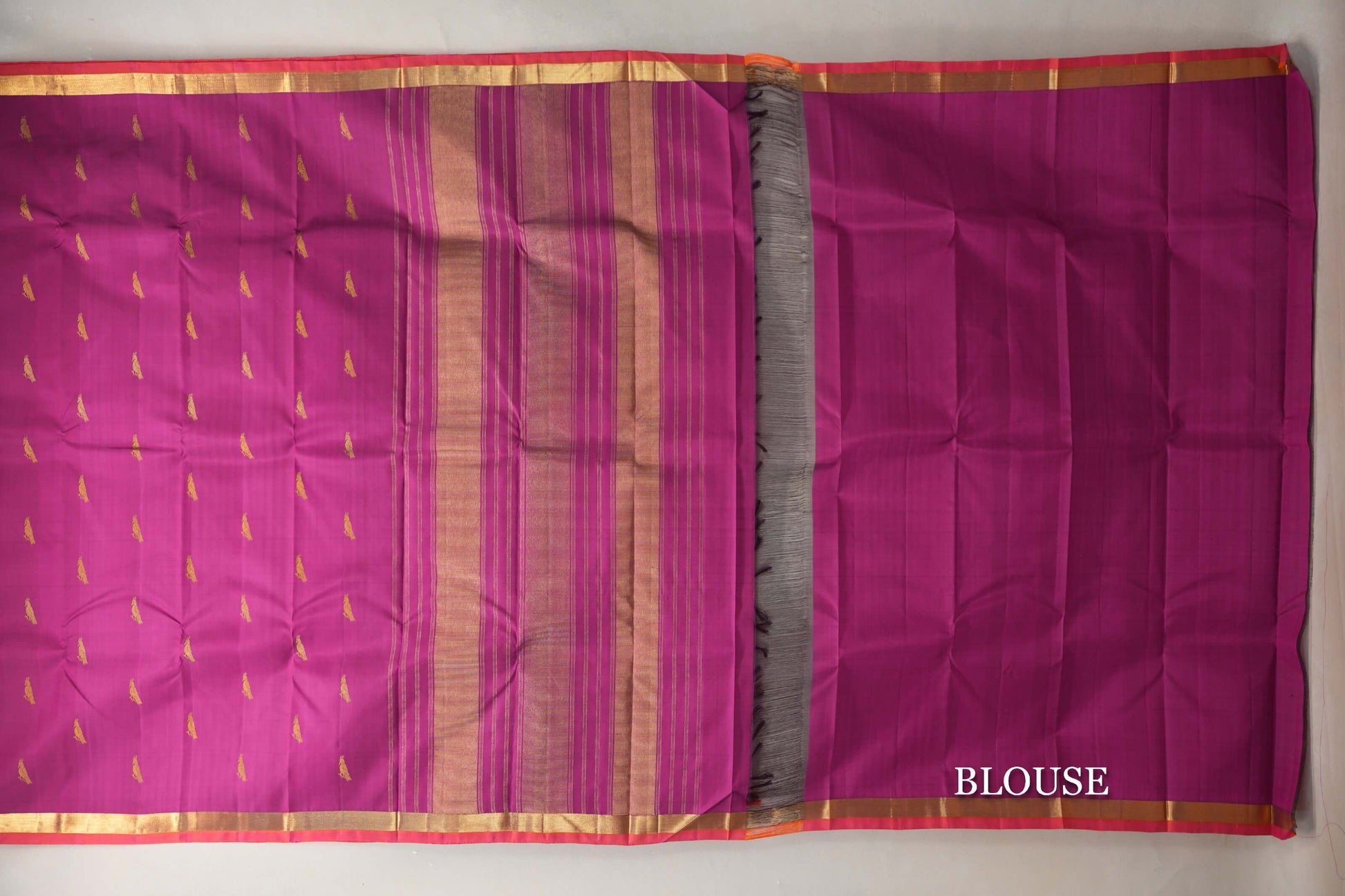 Deep Magenta with Orange with Pink Selvedge Borders Vintage Kanjivaram Silk Saree blouse