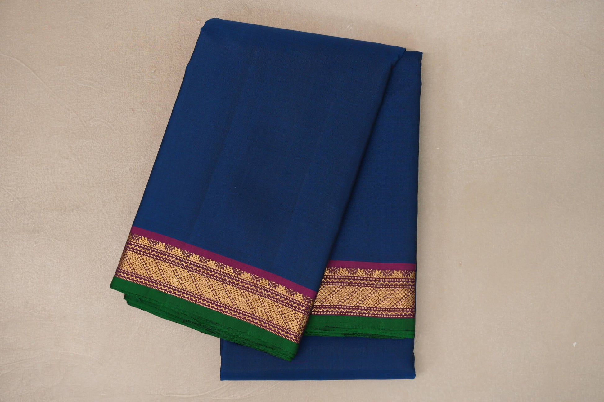 Emerald Blue with Deep Magenta with Green Selvedge Borders Vintage Kanjivaram Silk Saree