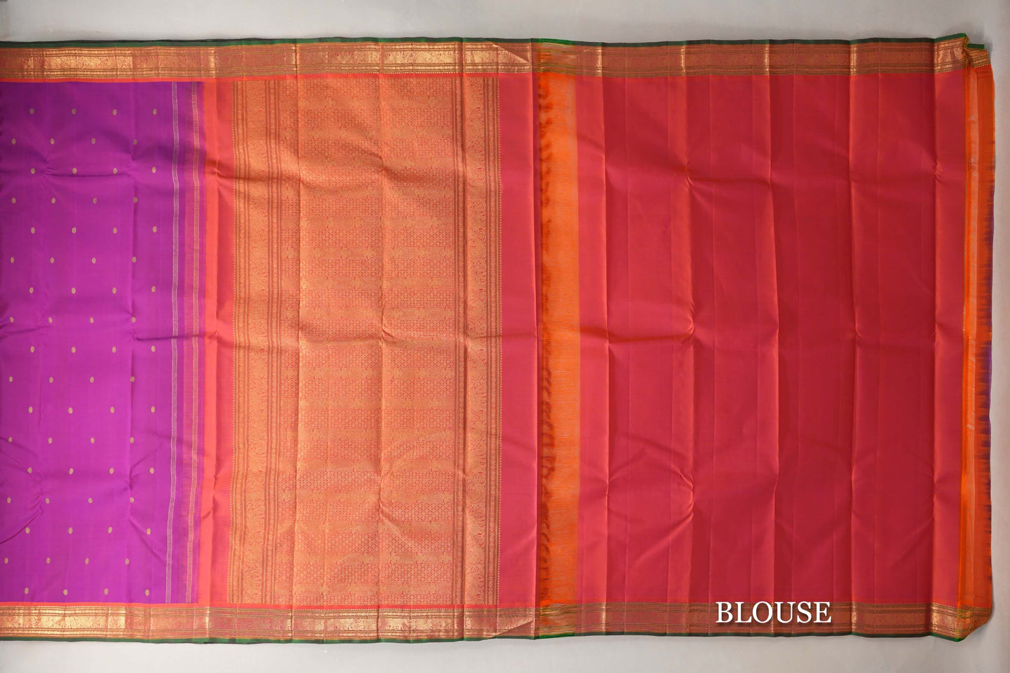 Magenta with Orange with Green Selvedge Borders Vintage Kanjivaram Silk Saree blouse