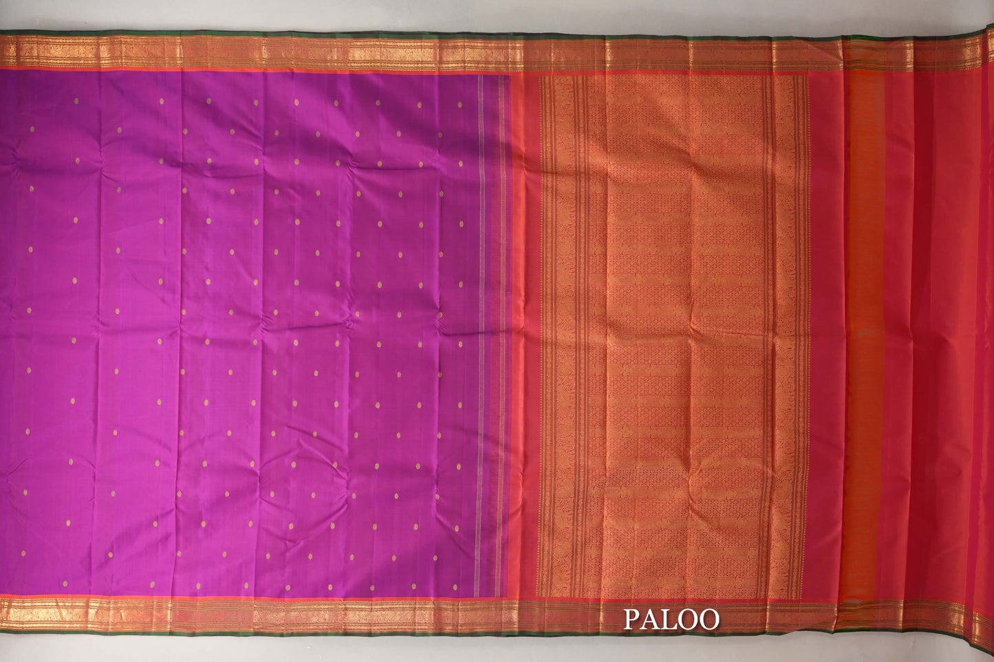 Magenta with Orange with Green Selvedge Borders Vintage Kanjivaram Silk Saree paloo