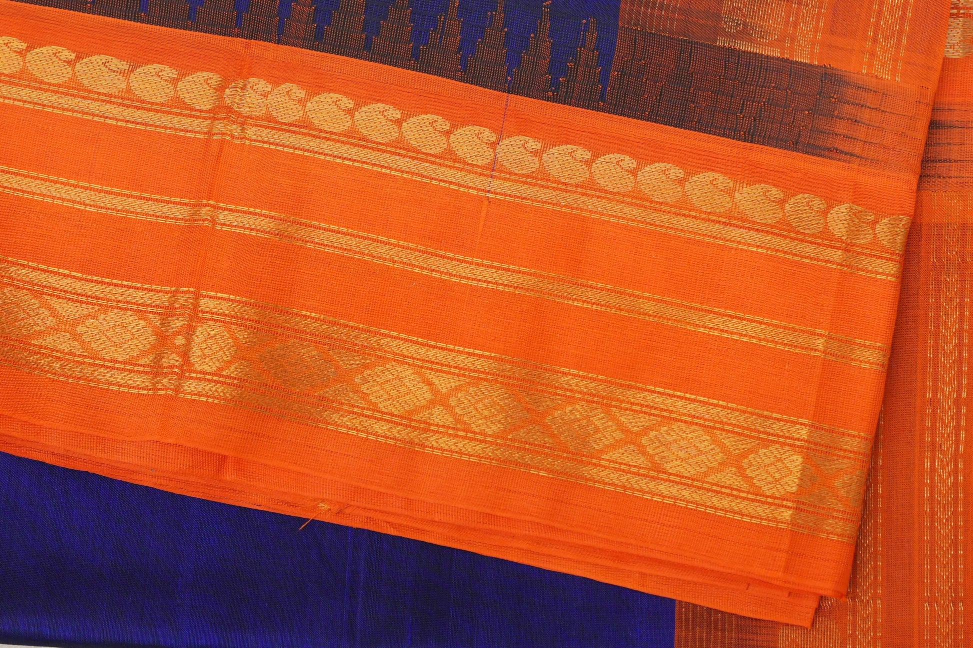 Royal Blue with Bright Orange Borders Silk Cotton Saree border zoom