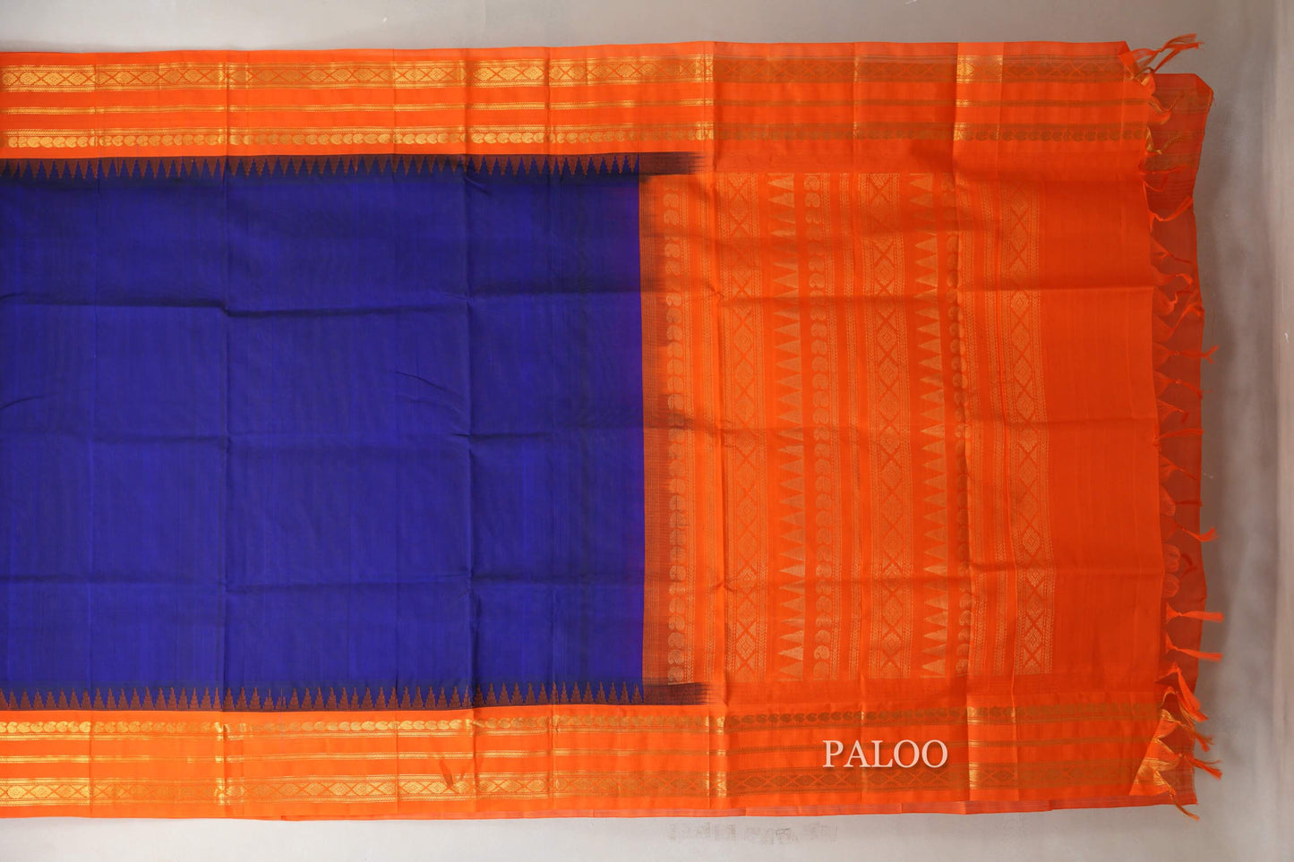 Royal Blue with Bright Orange Borders Silk Cotton Saree paloo