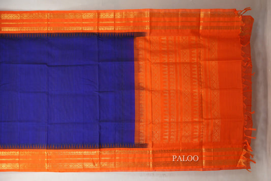 Royal Blue with Bright Orange Borders Silk Cotton Saree paloo