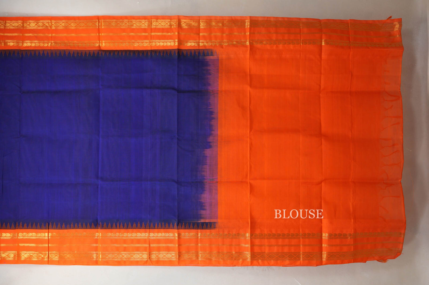 Royal Blue with Bright Orange Borders Silk Cotton Saree blouse