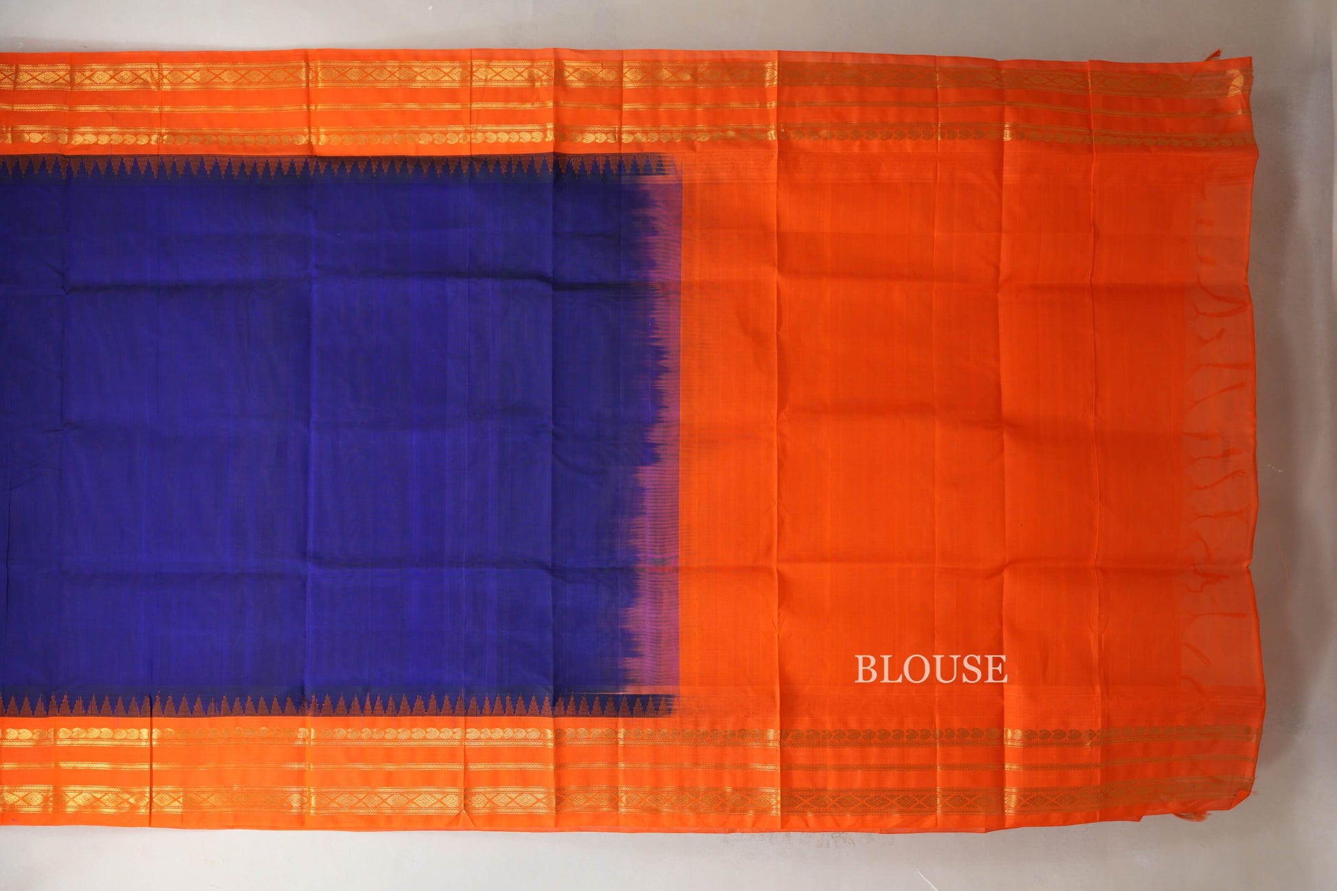 Royal Blue with Bright Orange Borders Silk Cotton Saree blouse