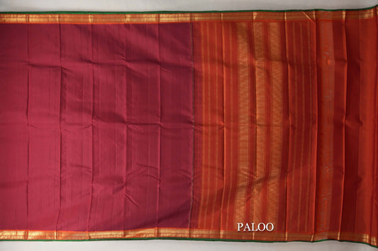 Maroon with Orange with Green Selvedge Borders Vintage Kanjivaram Silk Saree paloo