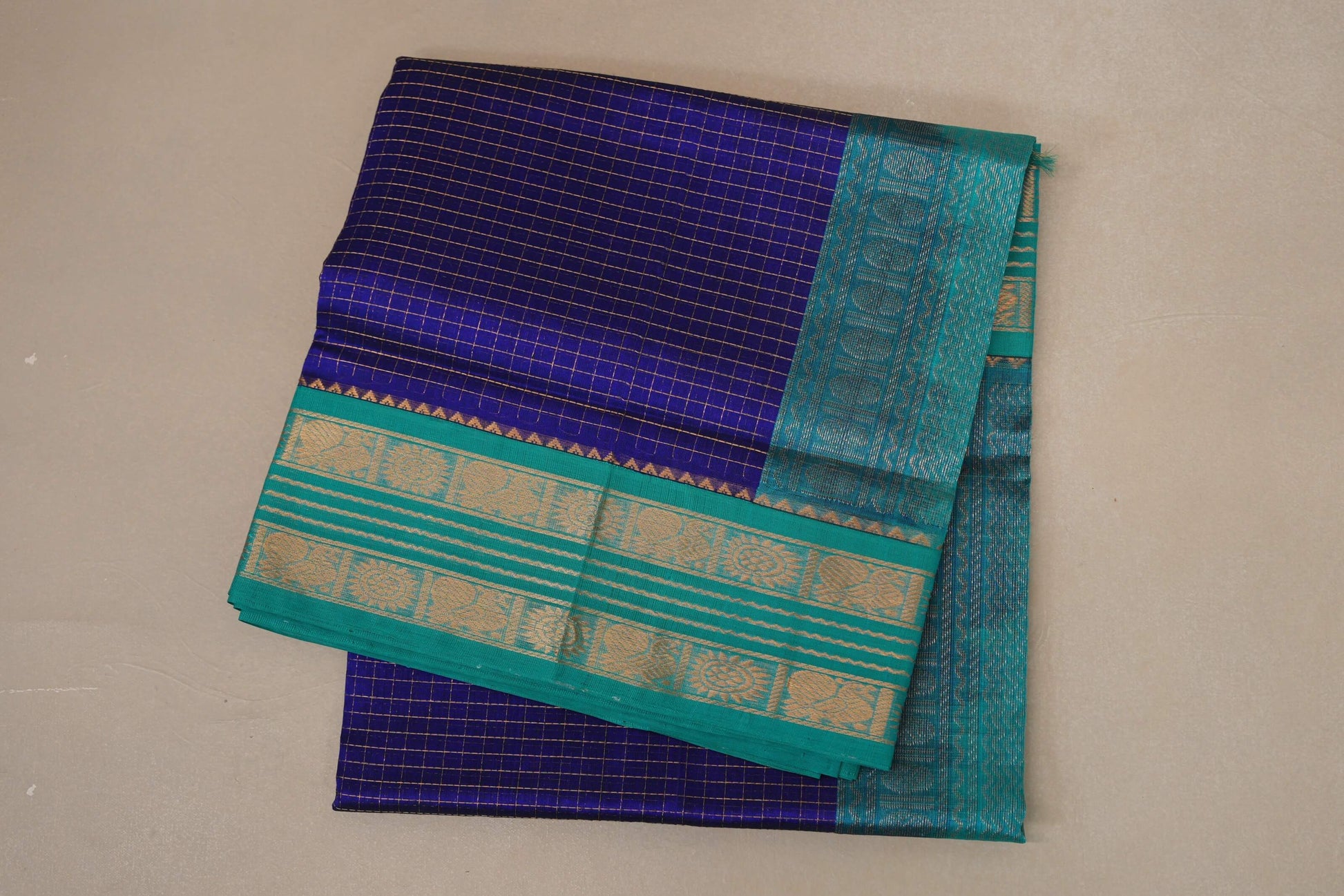 folded Royal Blue with Rama Blue Borders Silk Cotton Saree