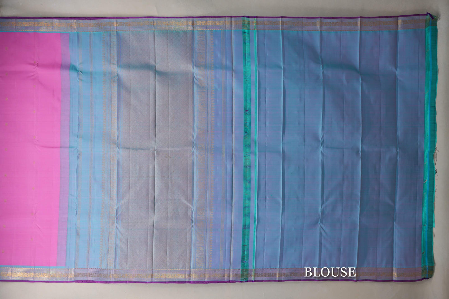 Lotus Pink with Light Turquoise Blue Borders Vintage Kanjivaram Silk Saree blouse