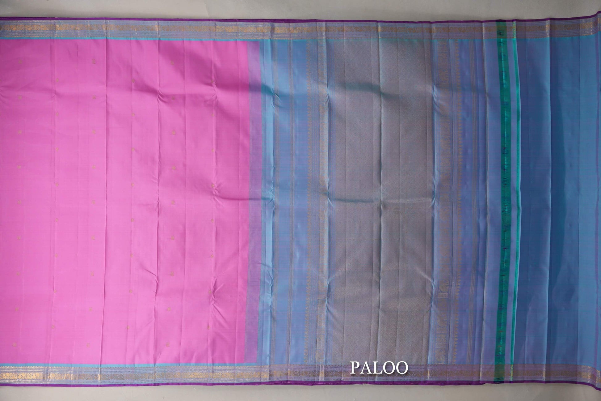 Lotus Pink with Light Turquoise Blue Borders Vintage Kanjivaram Silk Saree paloo