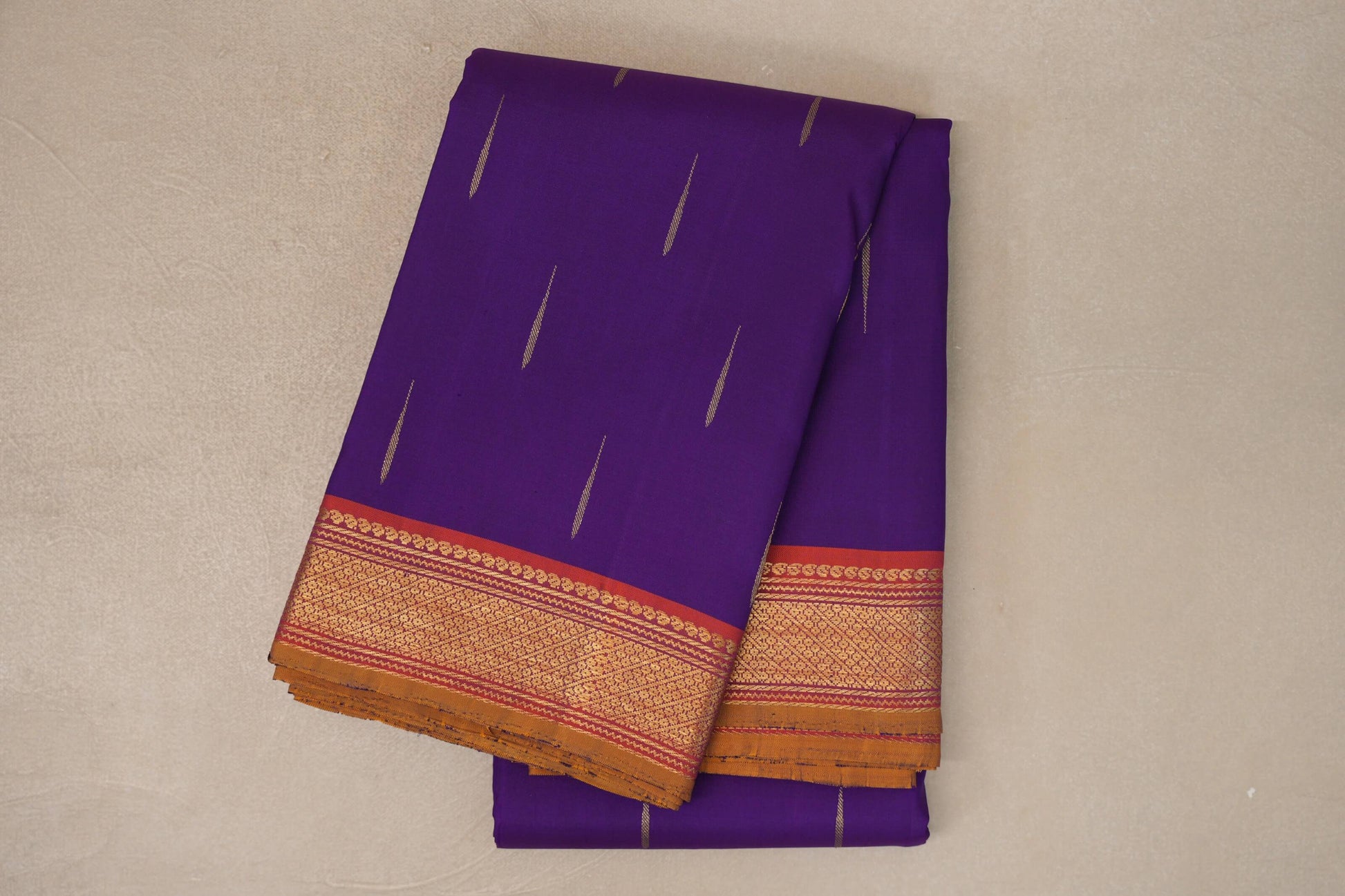 Deep Purple with Orange with Mustard Selvedge Borders Vintage Kanjivaram Silk Saree