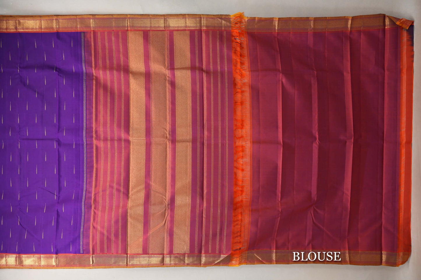 Deep Purple with Orange with Mustard Selvedge Borders Vintage Kanjivaram Silk Saree blouse