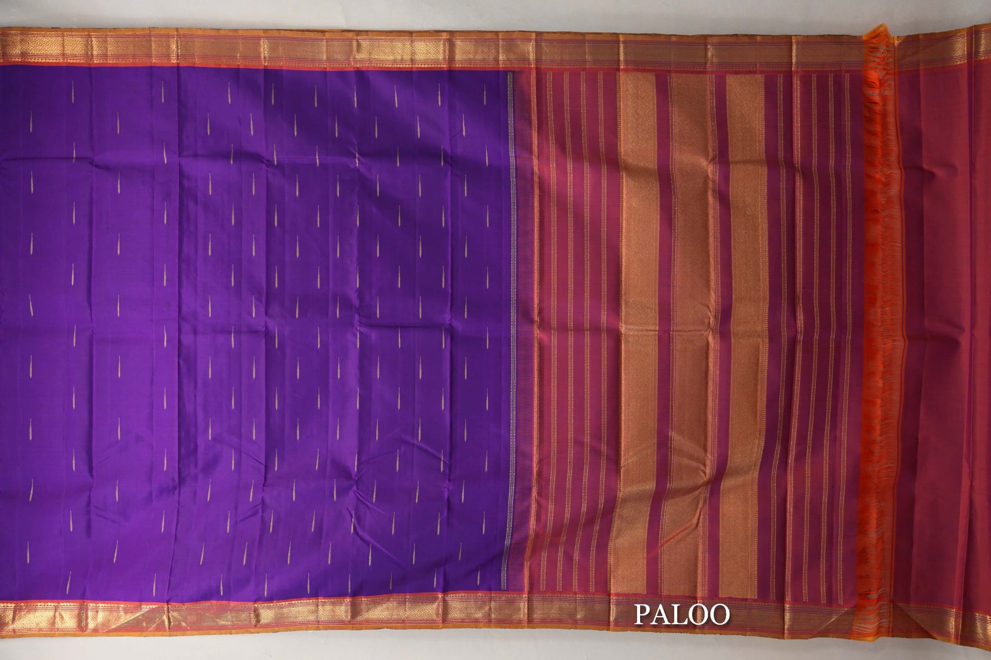 Deep Purple with Orange with Mustard Selvedge Borders Vintage Kanjivaram Silk Saree paloo