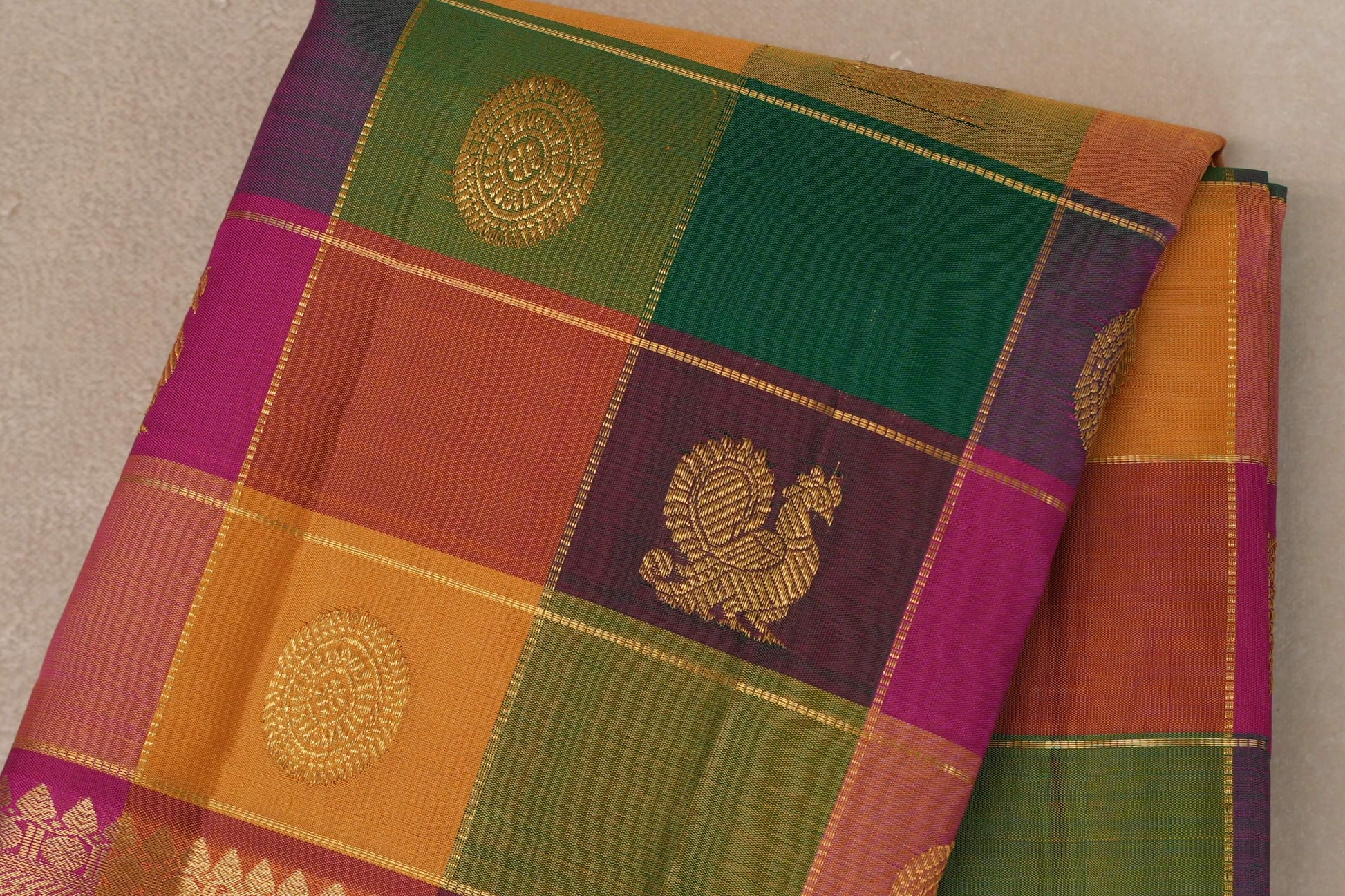 Multi-Colour Checks with Bright Magenta Borders Vintage Kanjivaram Silk Saree body