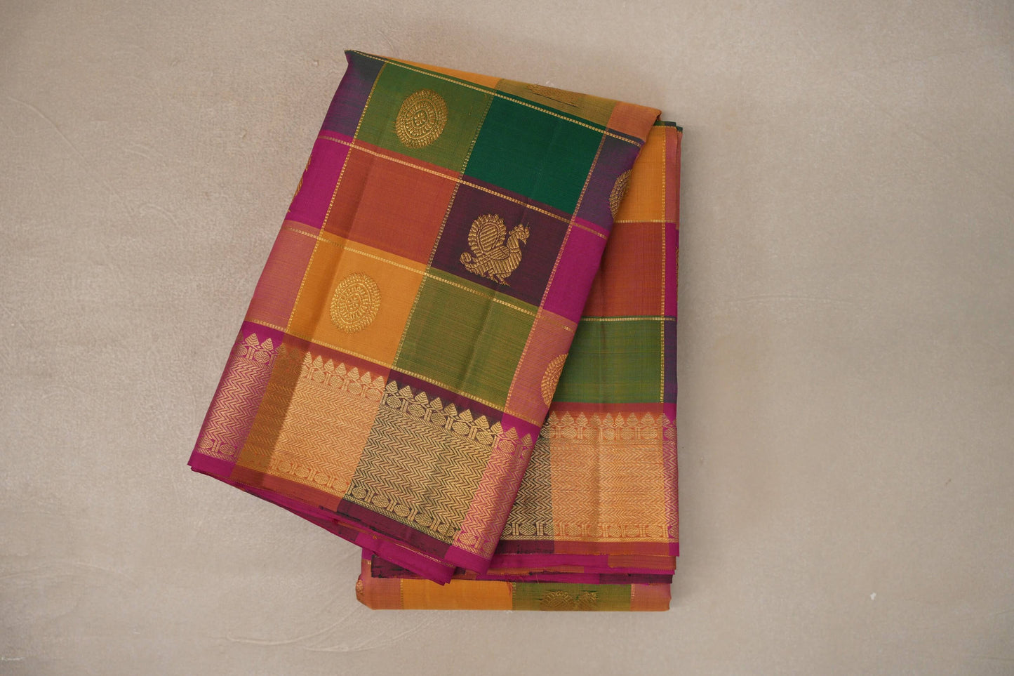 Multi-Colour Checks with Bright Magenta Borders Vintage Kanjivaram Silk Saree