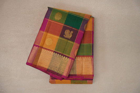 Multi-Colour Checks with Bright Magenta Borders Vintage Kanjivaram Silk Saree