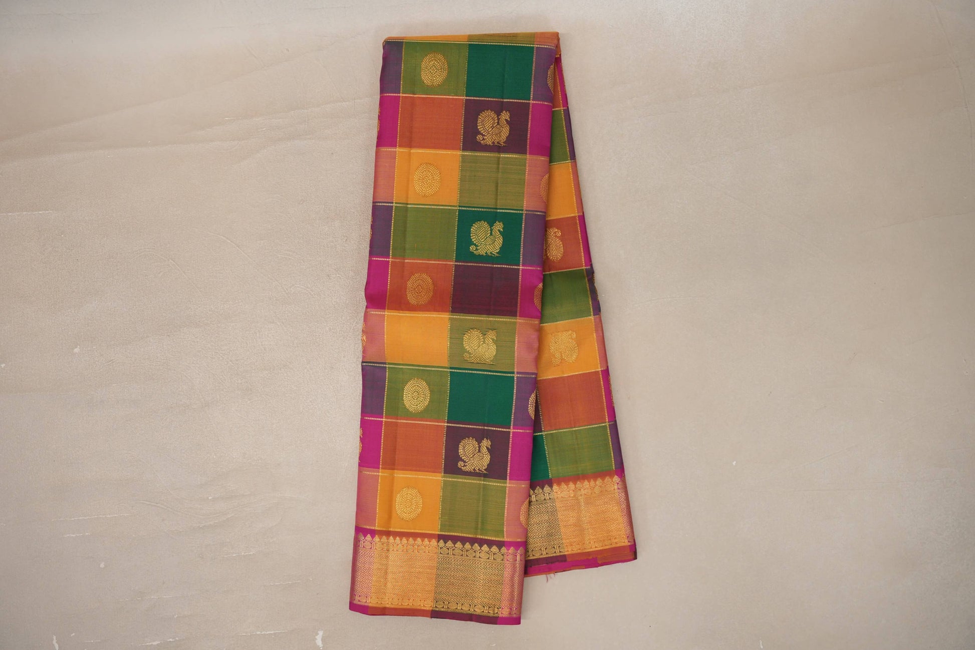 Online Multi-Colour Checks with Bright Magenta Borders Vintage Kanjivaram Silk Saree