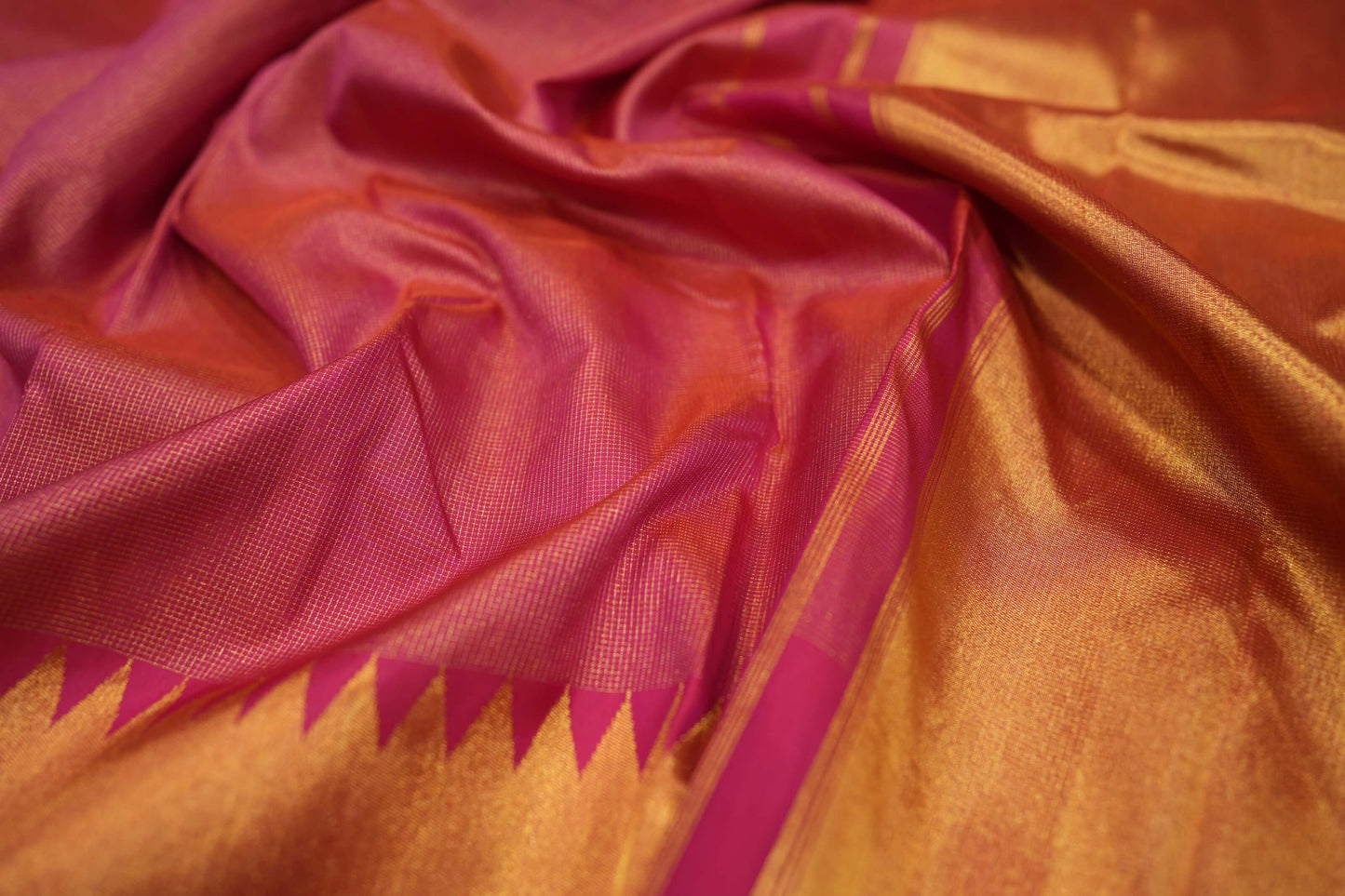 Bright Pink Temple Borders Vintage Kanjivaram Silk Saree by Shreenivas Silks PSSR018706