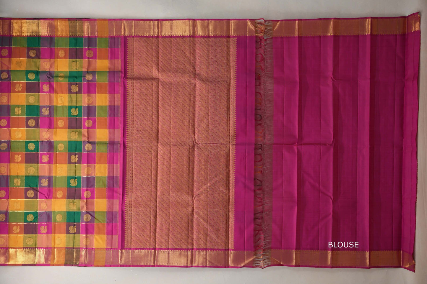 Multi-Colour Checks with Bright Magenta Borders Vintage Kanjivaram Silk Saree blouse