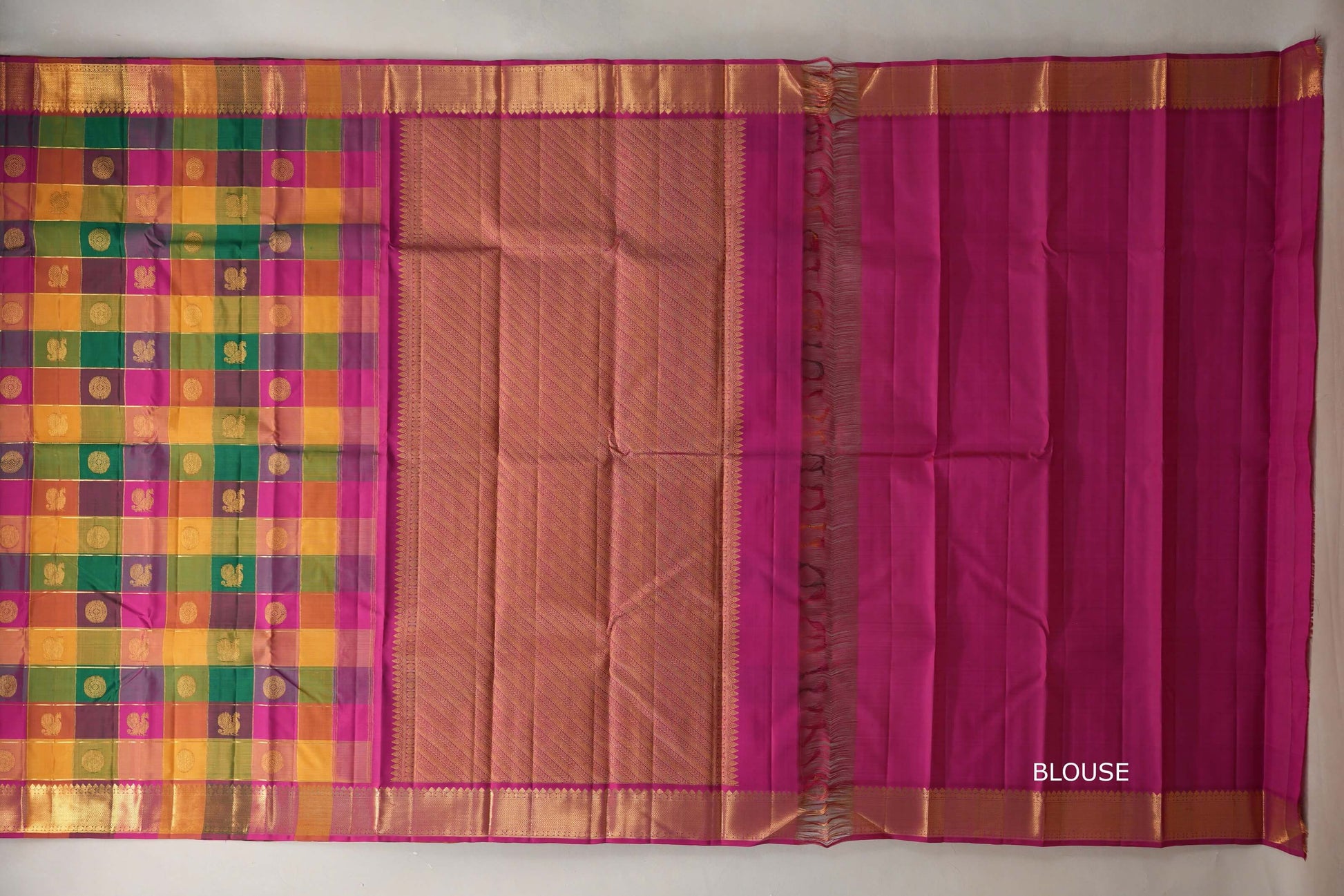 Multi-Colour Checks with Bright Magenta Borders Vintage Kanjivaram Silk Saree blouse