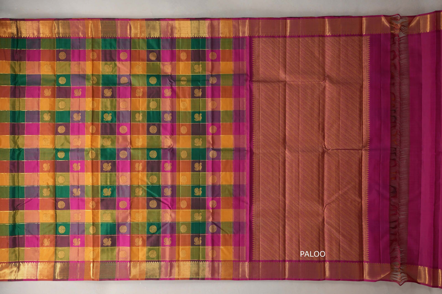 Multi-Colour Checks with Bright Magenta Borders Vintage Kanjivaram Silk Saree paloo