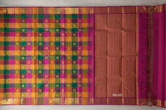 Multi-Colour Checks with Bright Magenta Borders Vintage Kanjivaram Silk Saree paloo