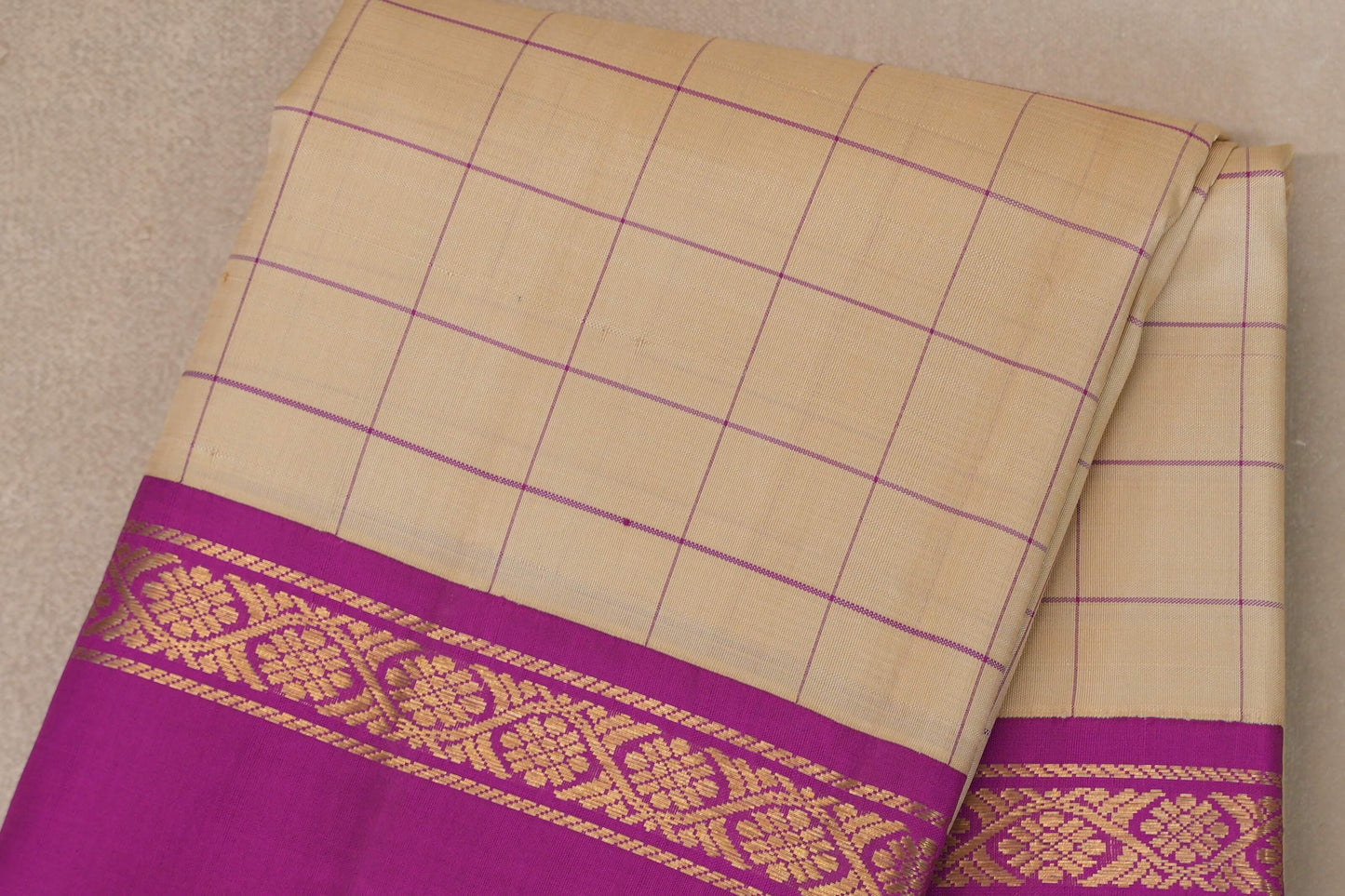 Sandal Beige with Bright Magenta Rettai Pettu Borders Vintage Kanjivaram Silk Saree body