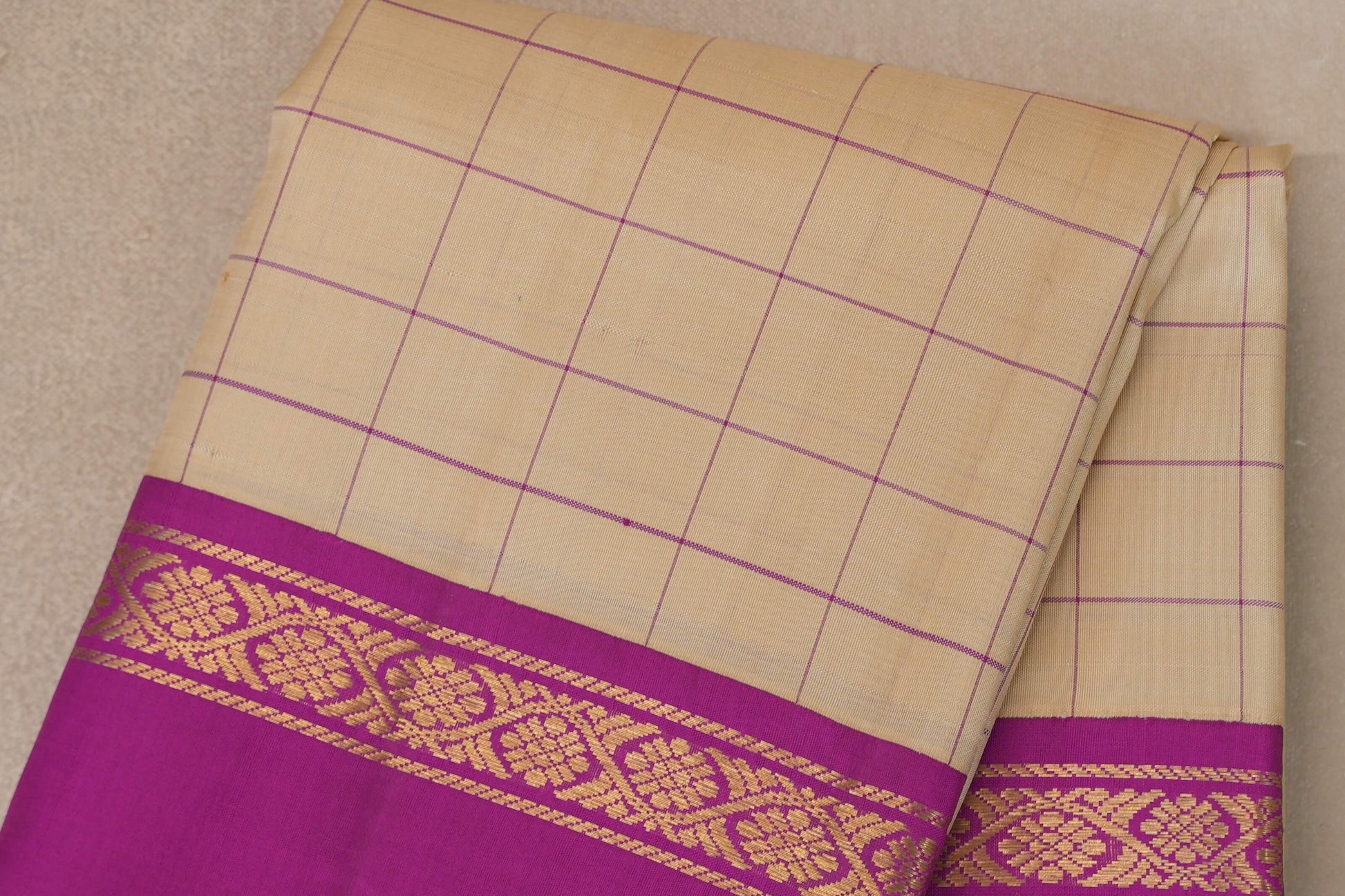 Sandal Beige with Bright Magenta Rettai Pettu Borders Vintage Kanjivaram Silk Saree body