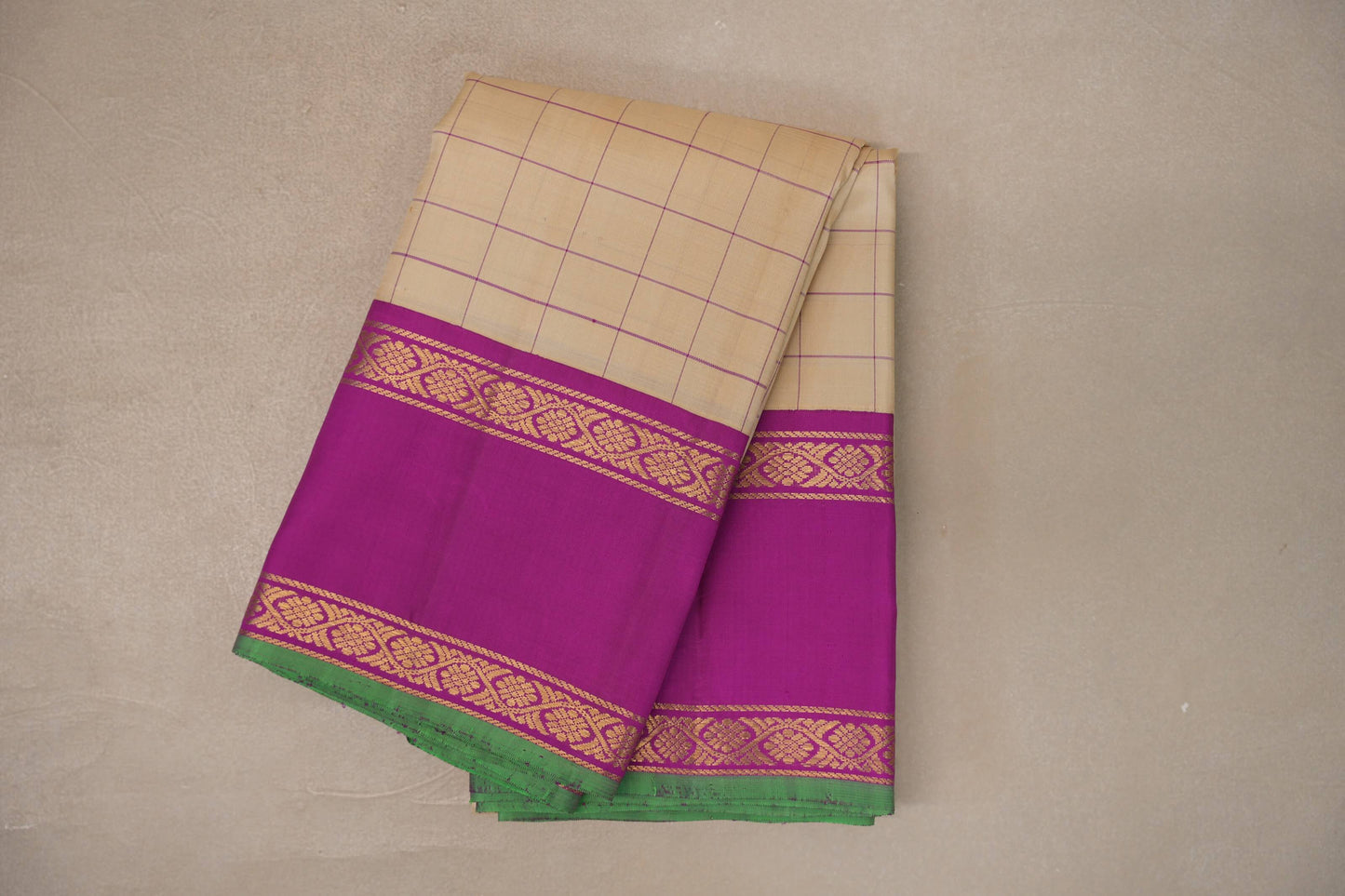 Sandal Beige with Bright Magenta Rettai Pettu Borders Vintage Kanjivaram Silk Saree