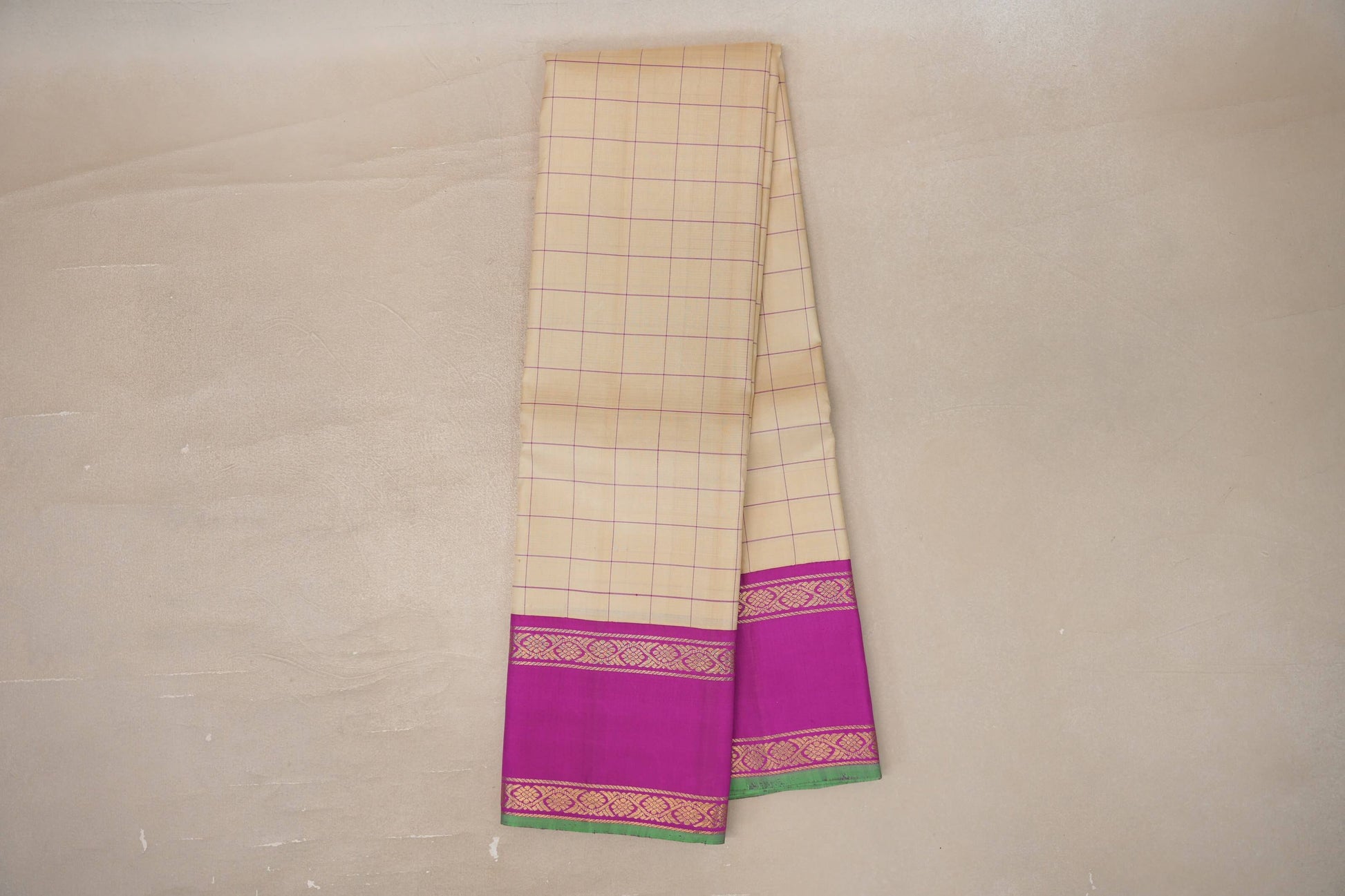 Online Sandal Beige with Bright Magenta Rettai Pettu Borders Vintage Kanjivaram Silk Saree