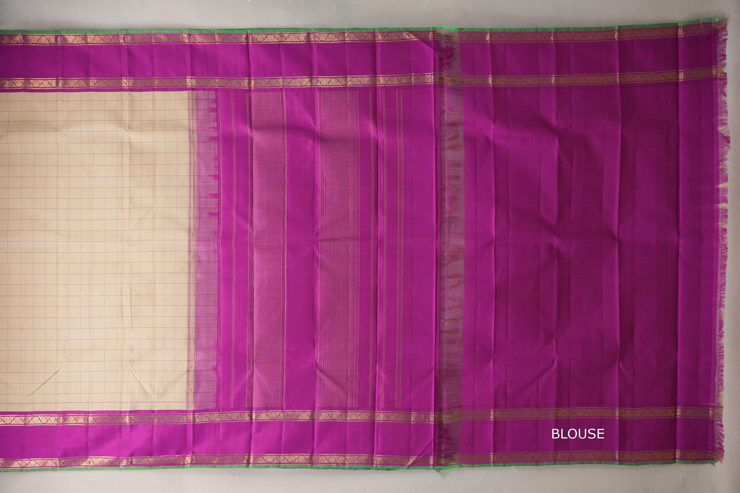 Sandal Beige with Bright Magenta Rettai Pettu Borders Vintage Kanjivaram Silk Saree blouse