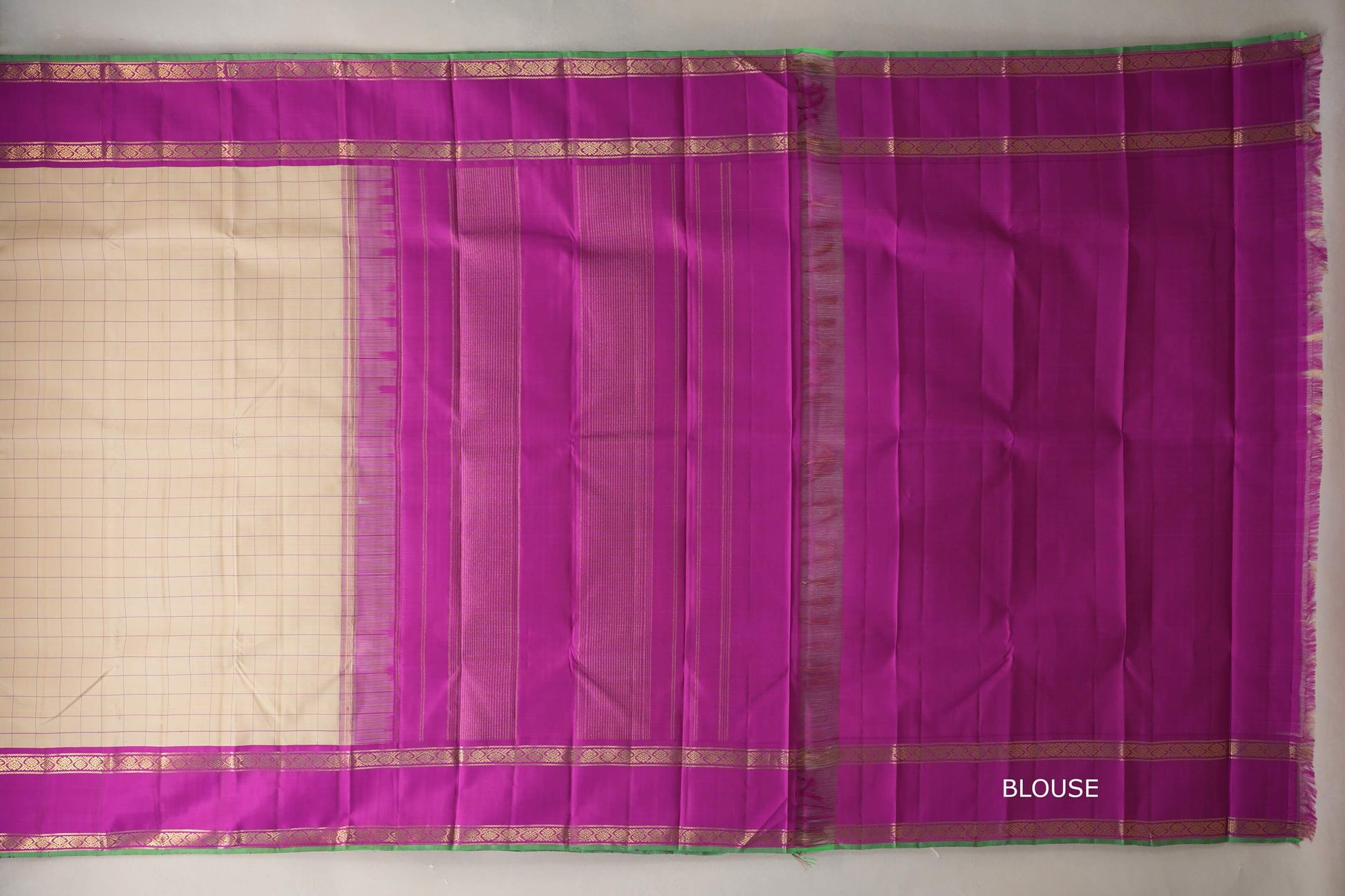 Sandal Beige with Bright Magenta Rettai Pettu Borders Vintage Kanjivaram Silk Saree blouse