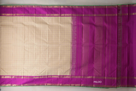 Sandal Beige with Bright Magenta Rettai Pettu Borders Vintage Kanjivaram Silk Saree paloo
