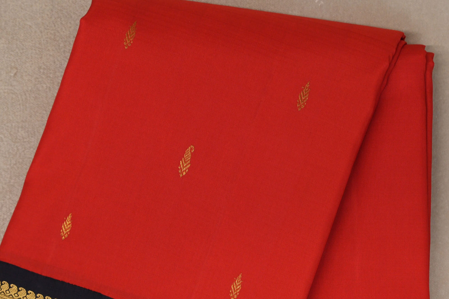 Tomato Red with Dark Navy Blue Borders Vintage Kanjivaram Silk Saree  body