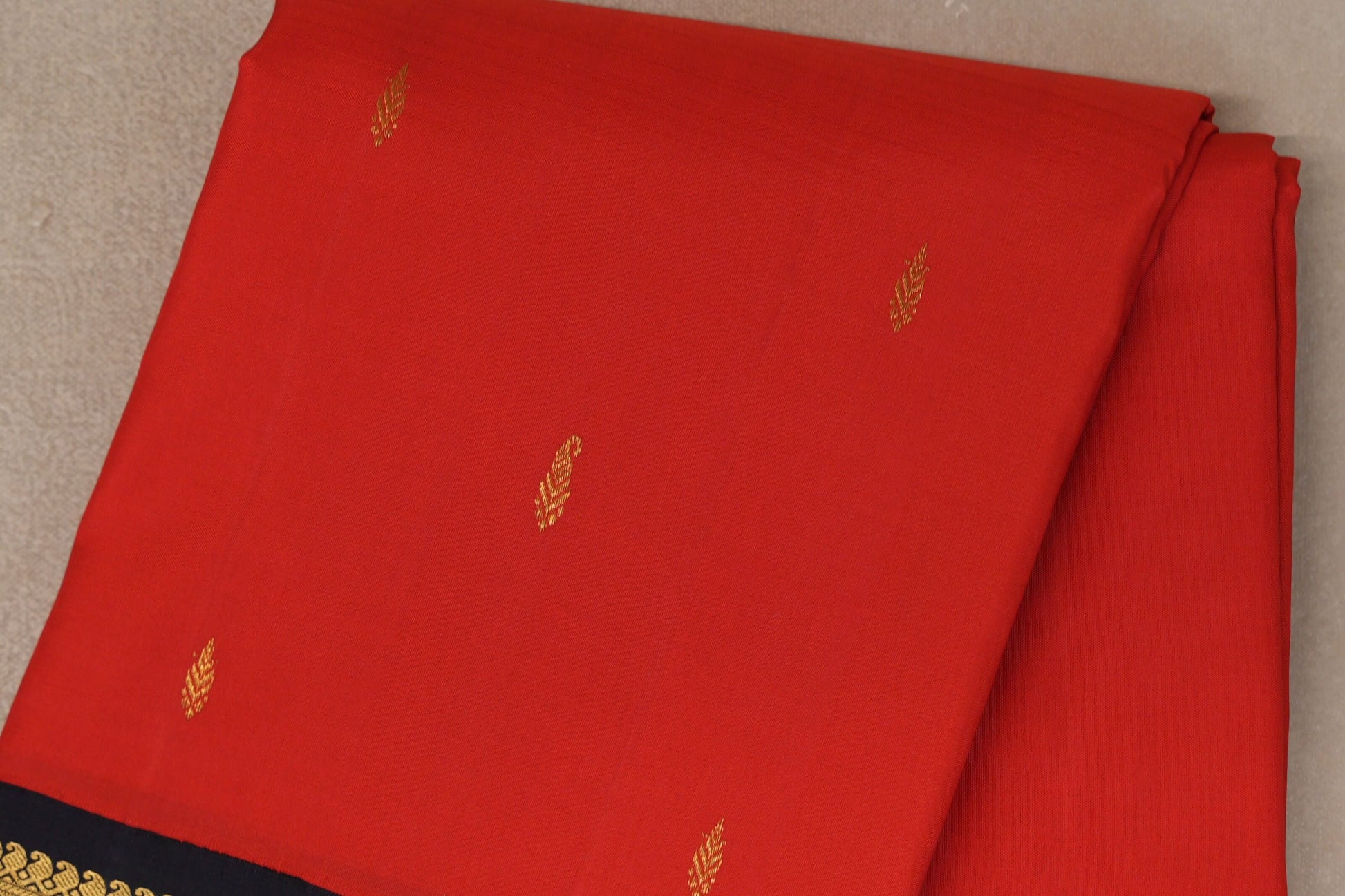 Tomato Red with Dark Navy Blue Borders Vintage Kanjivaram Silk Saree  body