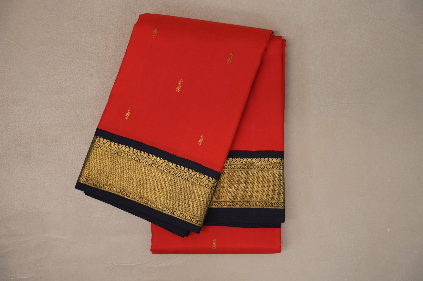 Tomato Red with Dark Navy Blue Borders Vintage Kanjivaram Silk Saree 