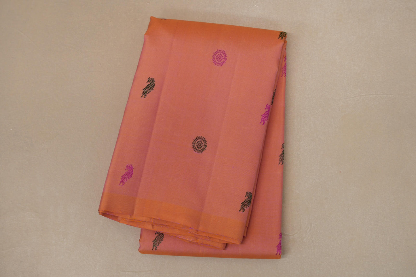 folded Dual Tone Peach Pink and Mustard Gold Borderless Vintage Kanjivaram Silk Saree