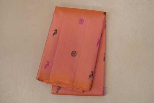 folded Dual Tone Peach Pink and Mustard Gold Borderless Vintage Kanjivaram Silk Saree