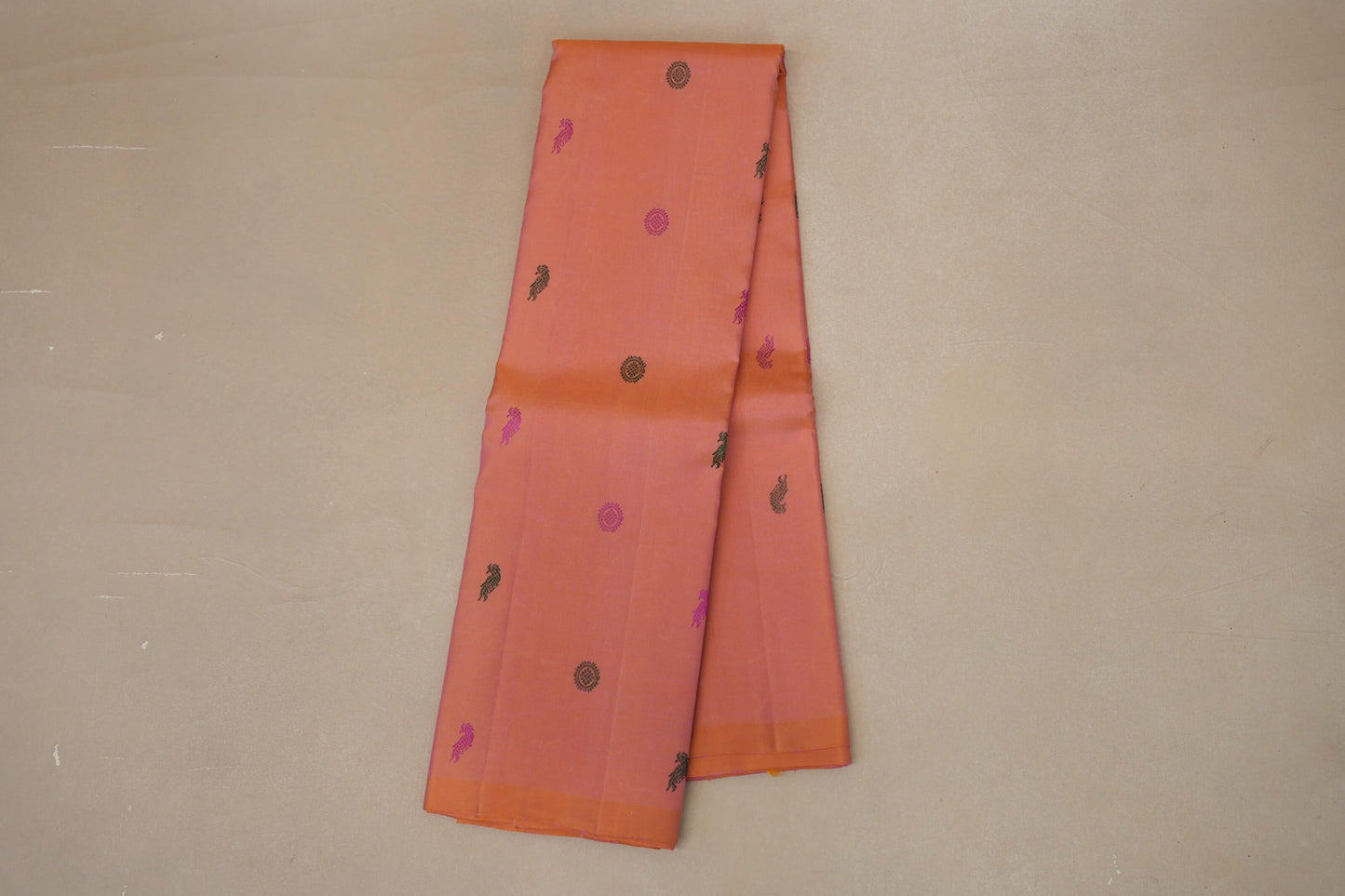 Dual Tone Peach Pink and Mustard Gold Borderless Vintage Kanjivaram Silk Saree 
