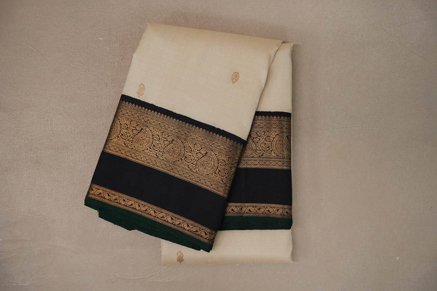 Cream with Dark Navy Blue with Green Selvedge Rettai Pettu Borders Vintage Kanjivaram Silk Saree