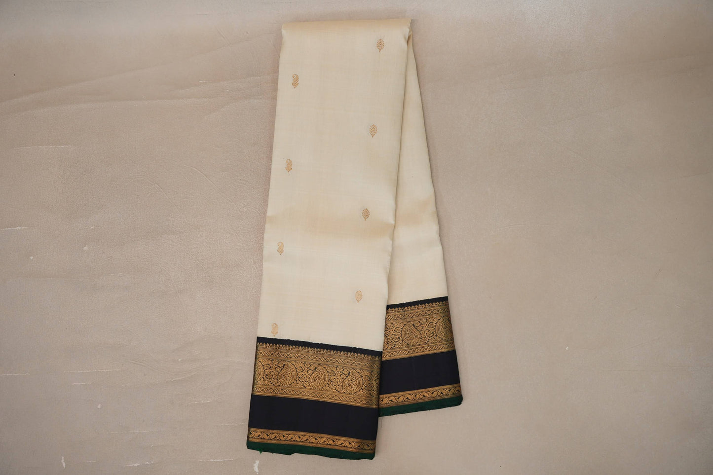 Online Cream with Dark Navy Blue with Green Selvedge Rettai Pettu Borders Vintage Kanjivaram Silk Saree