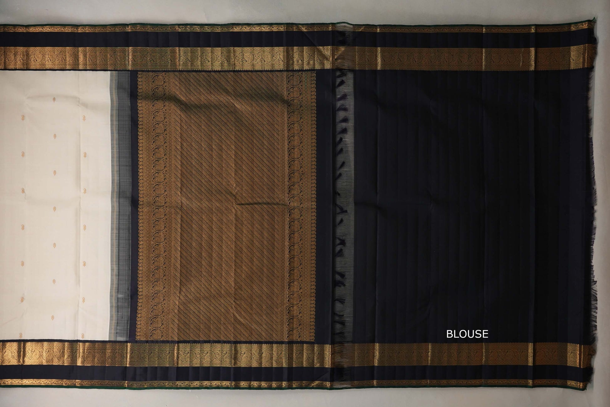 Cream with Dark Navy Blue with Green Selvedge Rettai Pettu Borders Vintage Kanjivaram Silk Saree blouse