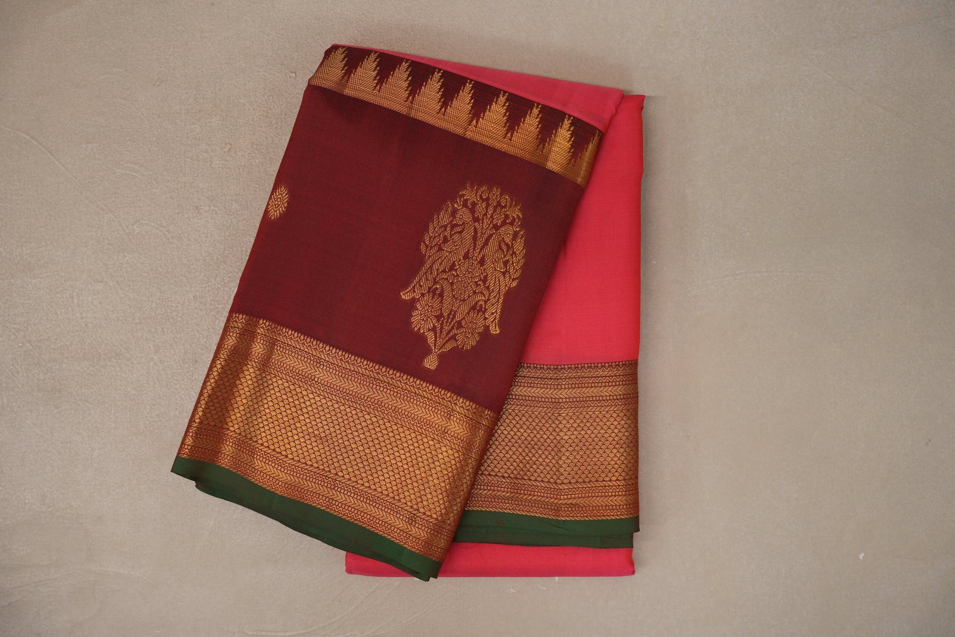 Orangish Pink with Deep Maroon with Dark Green Selvedge Borders Vintage Kanjivaram Silk Saree
