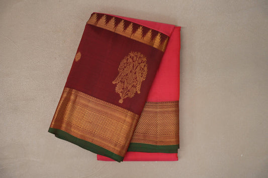 Orangish Pink with Deep Maroon with Dark Green Selvedge Borders Vintage Kanjivaram Silk Saree