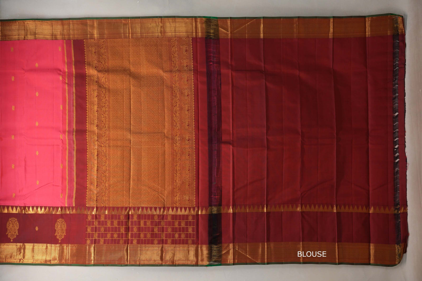Orangish Pink with Deep Maroon with Dark Green Selvedge Borders Vintage Kanjivaram Silk Saree blouse